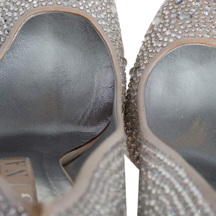 Pre Owned Gina Silver Satin Crystal Embellished Platform Pumps Size 38