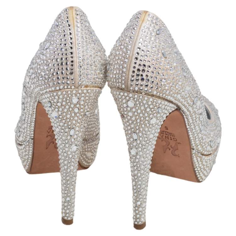 Pre Owned Gina Silver Satin Crystal Embellished Platform Pumps Size 38