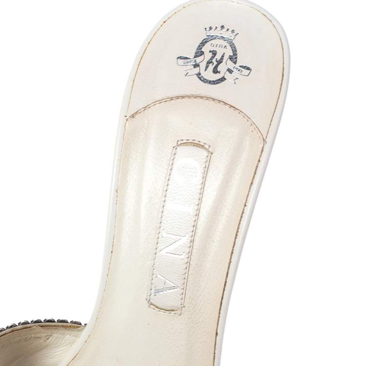 Pre Owned Gina White Embellished Leather Slide Sandals Size 40