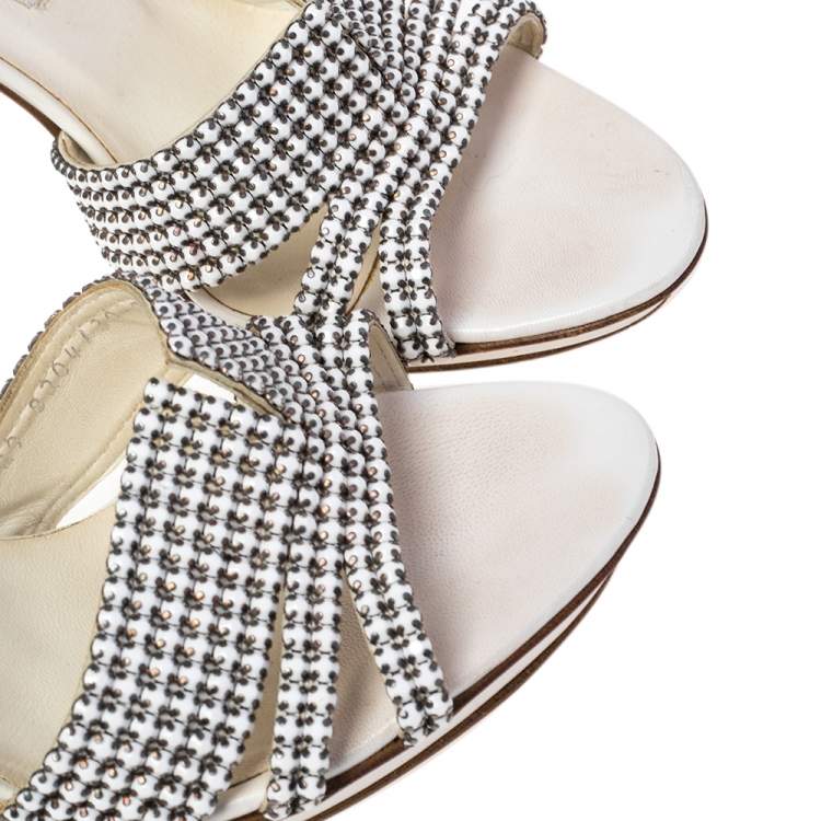 Pre Owned Gina White Embellished Leather Slide Sandals Size 40