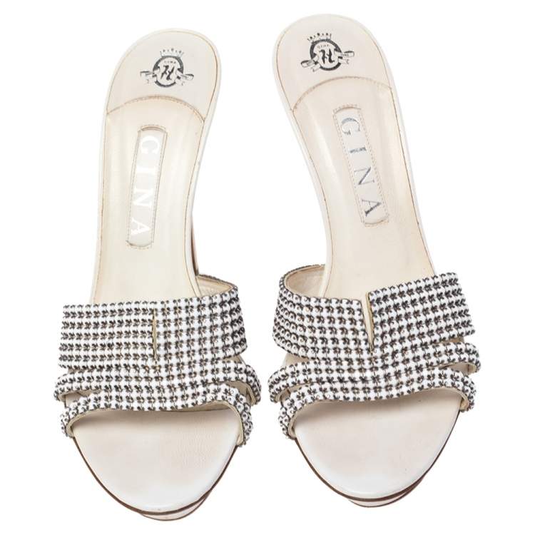 Pre Owned Gina White Embellished Leather Slide Sandals Size 40