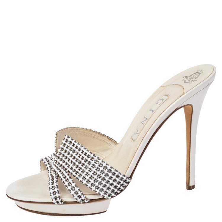 Pre Owned Gina White Embellished Leather Slide Sandals Size 40