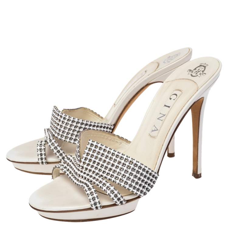 Pre Owned Gina White Embellished Leather Slide Sandals Size 40