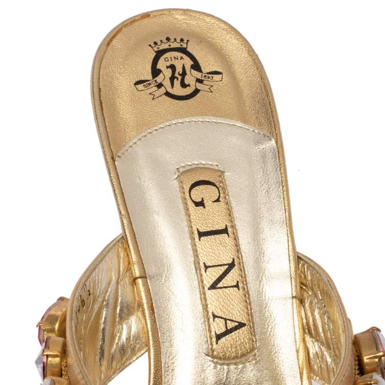 Pre Owned Gina Gold Leather Crystal Embellished Slide Sandals Size 39.5