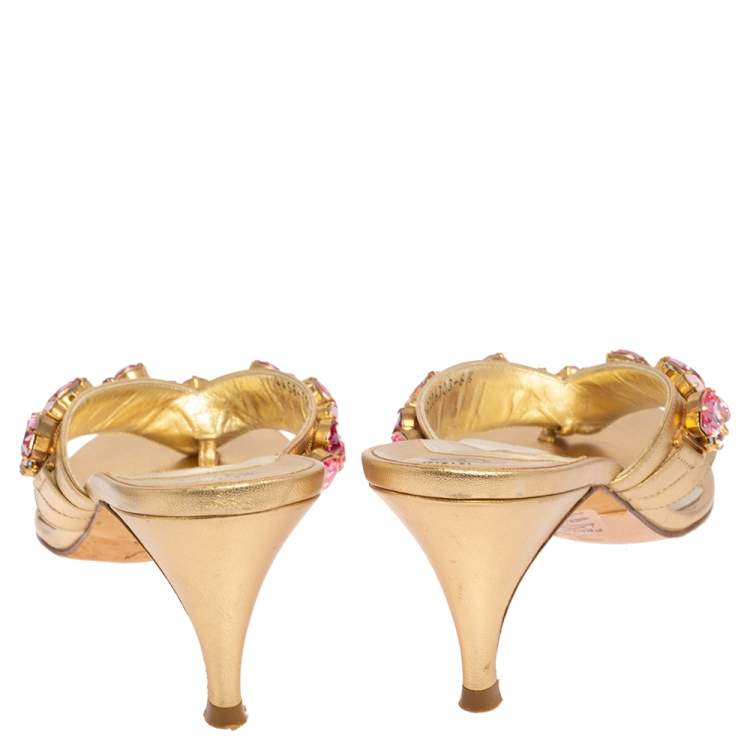 Pre Owned Gina Gold Leather Crystal Embellished Slide Sandals Size 39.5