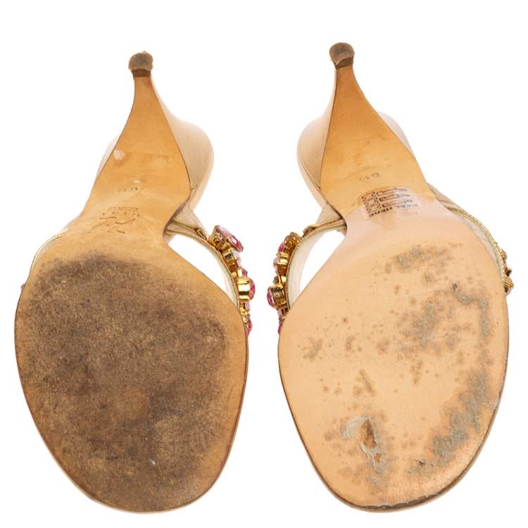 Pre Owned Gina Gold Leather Crystal Embellished Slide Sandals Size 39.5