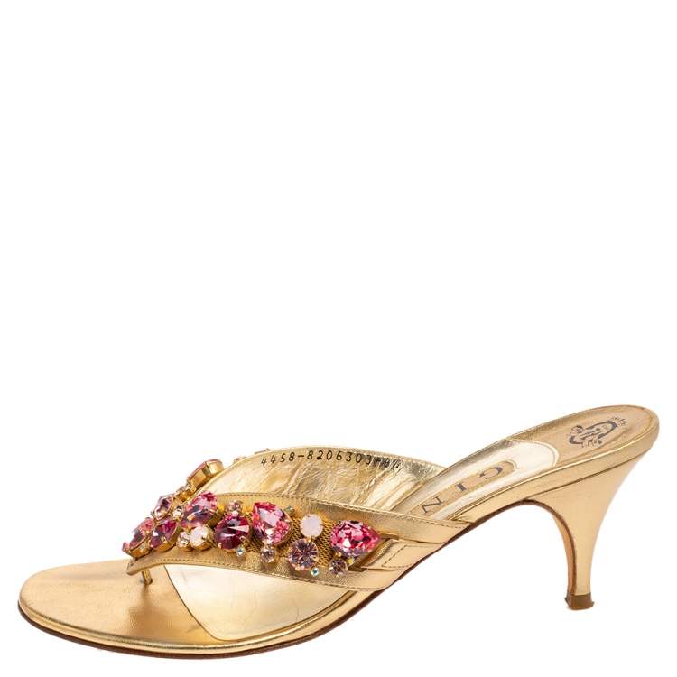 Pre Owned Gina Gold Leather Crystal Embellished Slide Sandals Size 39.5