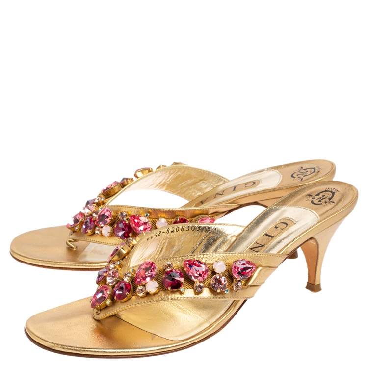 Pre Owned Gina Gold Leather Crystal Embellished Slide Sandals Size 39.5