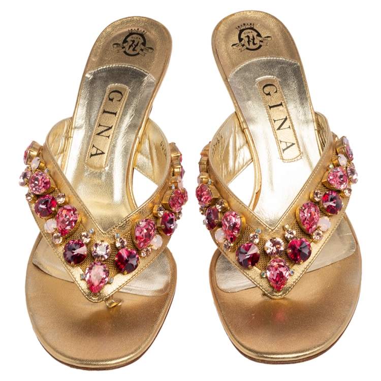 Pre Owned Gina Gold Leather Crystal Embellished Slide Sandals Size 39.5