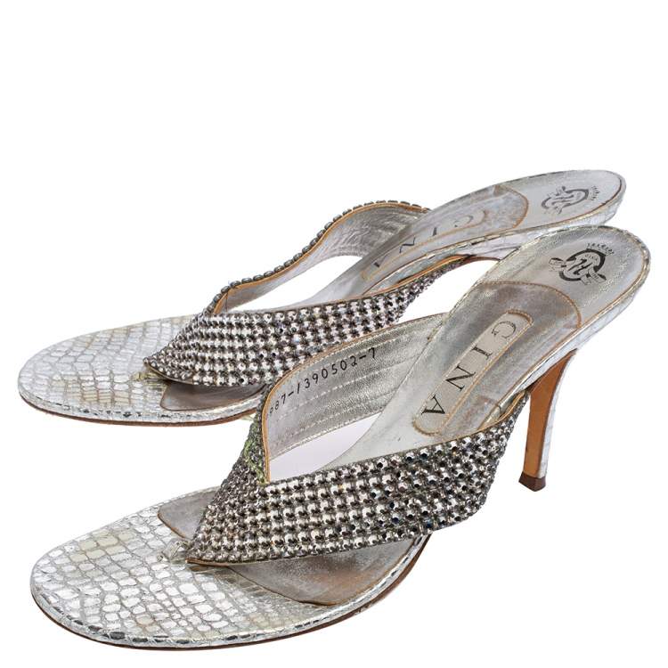 Pre Owned Gina Silver Leather Embellished Sandals Size 40