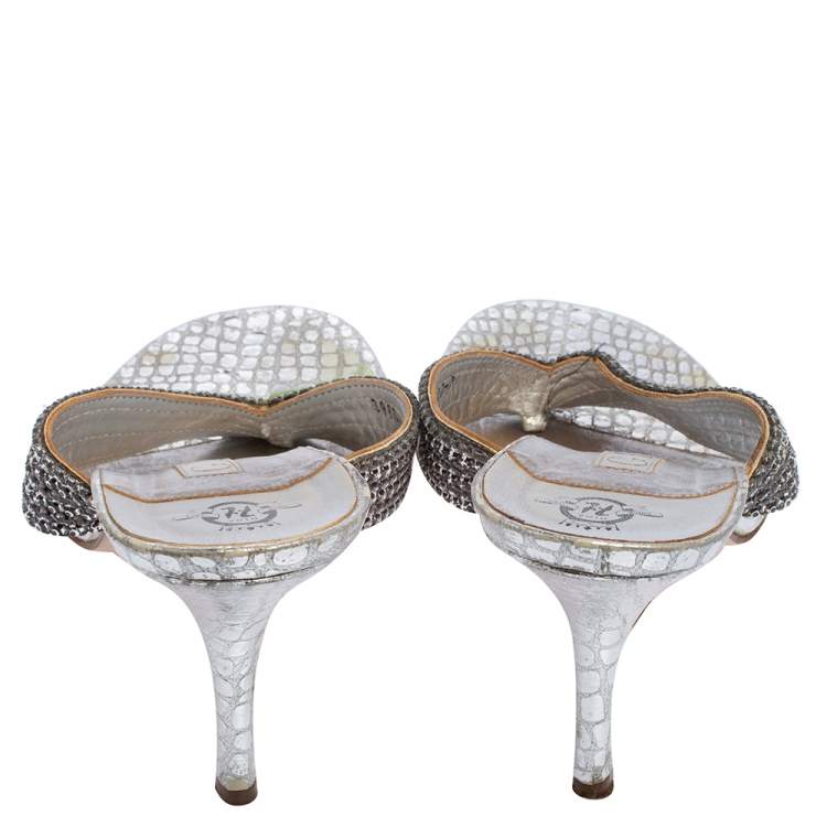 Pre Owned Gina Silver Leather Embellished Sandals Size 40