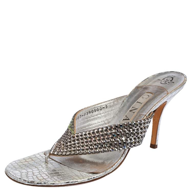 Pre Owned Gina Silver Leather Embellished Sandals Size 40