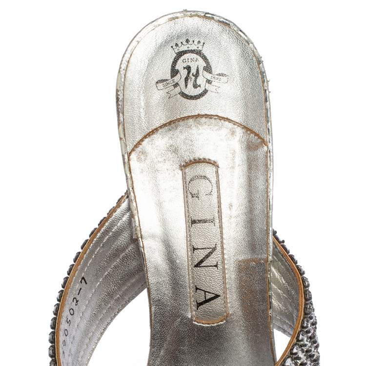 Pre Owned Gina Silver Leather Embellished Sandals Size 40