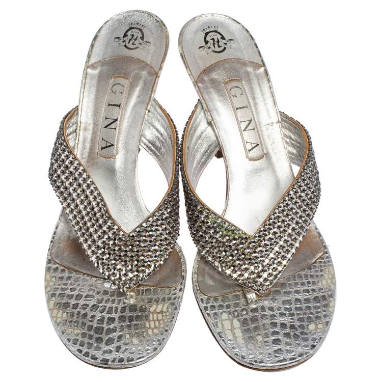 Pre Owned Gina Silver Leather Embellished Sandals Size 40