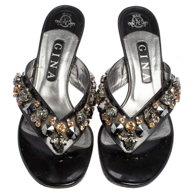 Pre Owned Gina Black Patent Leather Crystal Embellished Slide Sandals Size 39.5