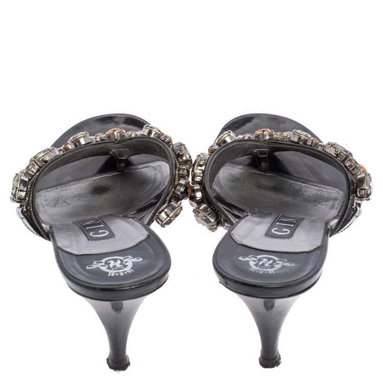 Pre Owned Gina Black Patent Leather Crystal Embellished Slide Sandals Size 39.5