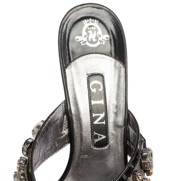 Pre Owned Gina Black Patent Leather Crystal Embellished Slide Sandals Size 39.5