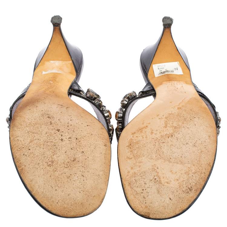 Pre Owned Gina Black Patent Leather Crystal Embellished Slide Sandals Size 39.5