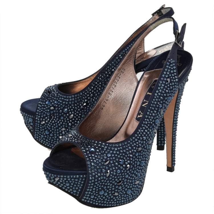 Pre Owned Gina Navy Blue Satin Crystal Embellished Platform Peep Toe Slingback Sandals Size 38.5