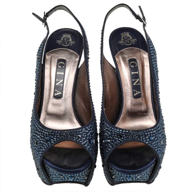 Pre Owned Gina Navy Blue Satin Crystal Embellished Platform Peep Toe Slingback Sandals Size 38.5