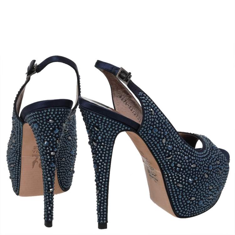 Pre Owned Gina Navy Blue Satin Crystal Embellished Platform Peep Toe Slingback Sandals Size 38.5