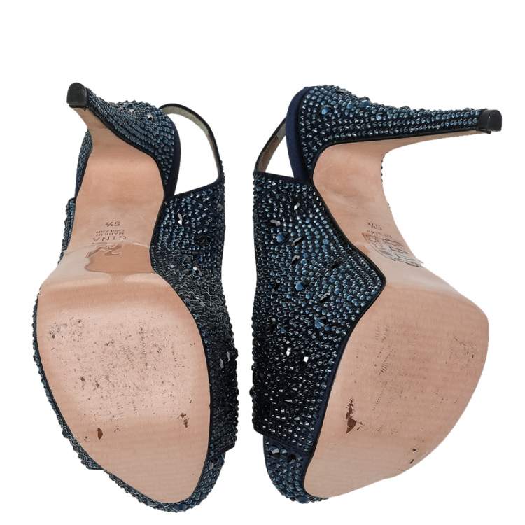 Pre Owned Gina Navy Blue Satin Crystal Embellished Platform Peep Toe Slingback Sandals Size 38.5