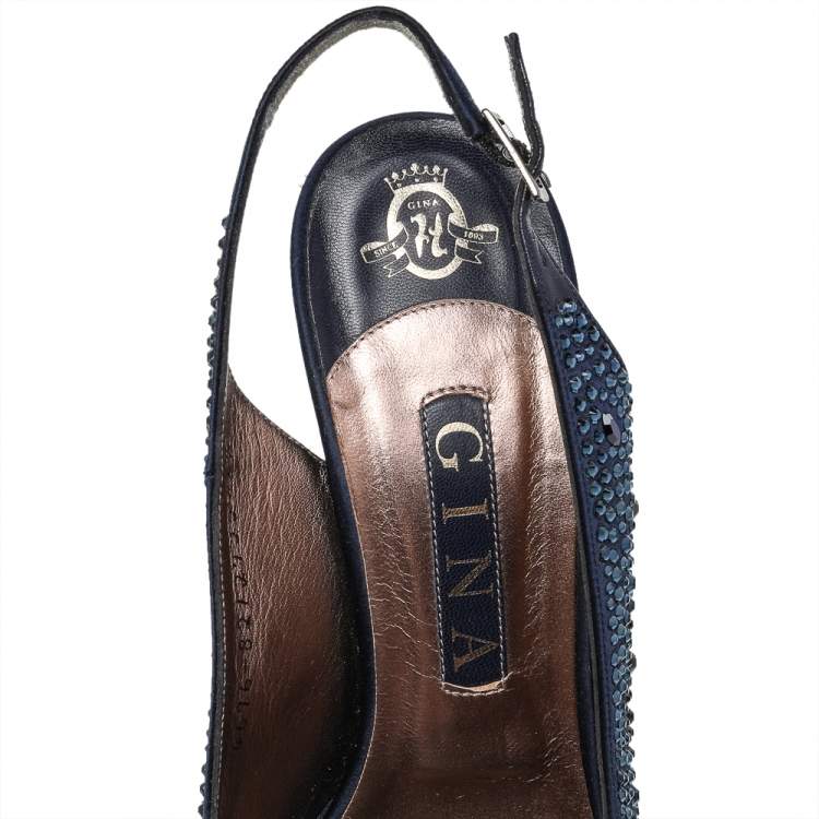 Pre Owned Gina Navy Blue Satin Crystal Embellished Platform Peep Toe Slingback Sandals Size 38.5