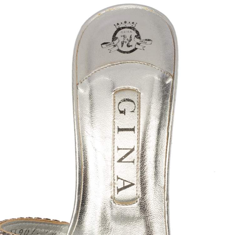 Pre Owned Gina Silver Leather Crystal Embellished Platform Slide Sandals Size 39.5
