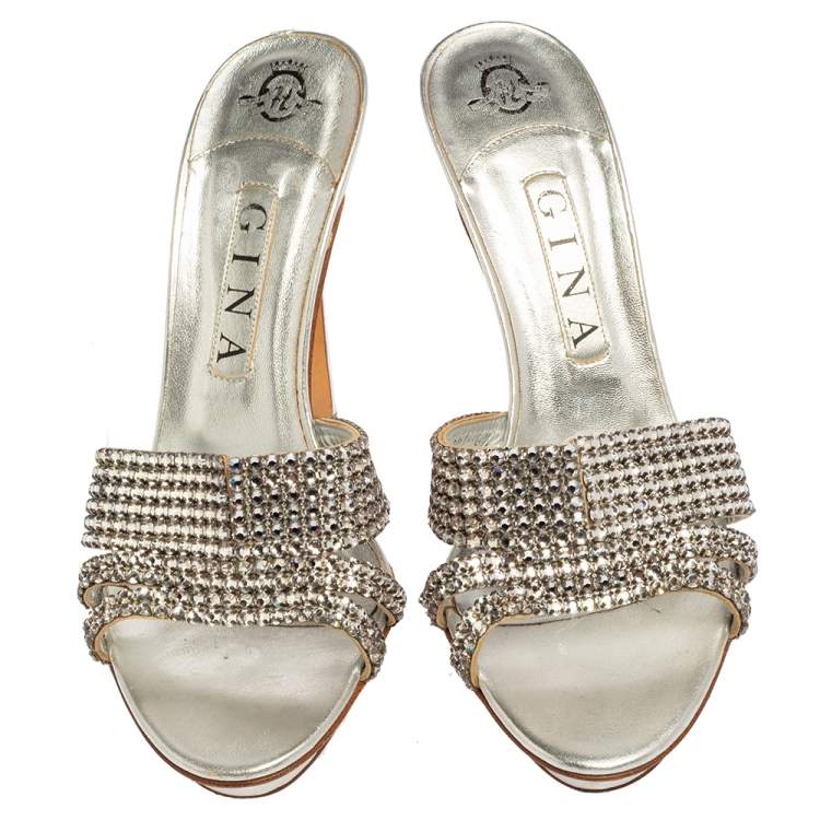 Pre Owned Gina Silver Leather Crystal Embellished Platform Slide Sandals Size 39.5