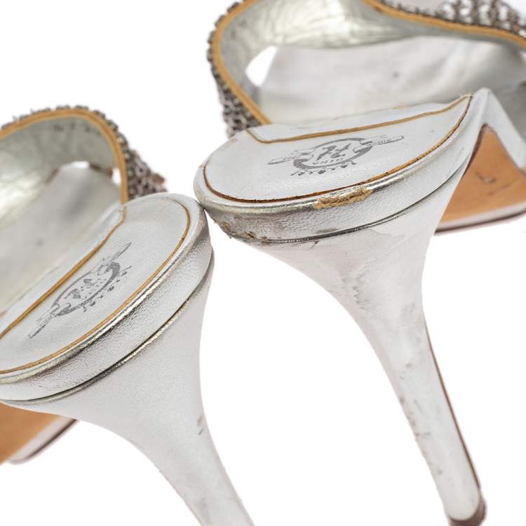 Pre Owned Gina Silver Leather Crystal Embellished Platform Slide Sandals Size 39.5