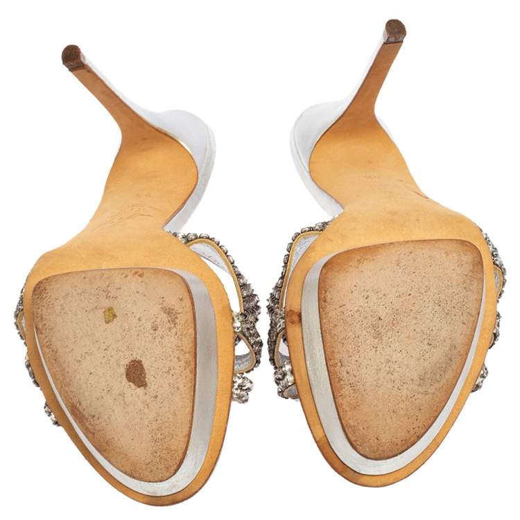 Pre Owned Gina Silver Leather Crystal Embellished Platform Slide Sandals Size 39.5