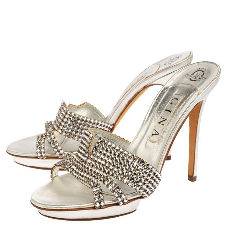 Pre Owned Gina Silver Leather Crystal Embellished Platform Slide Sandals Size 39.5