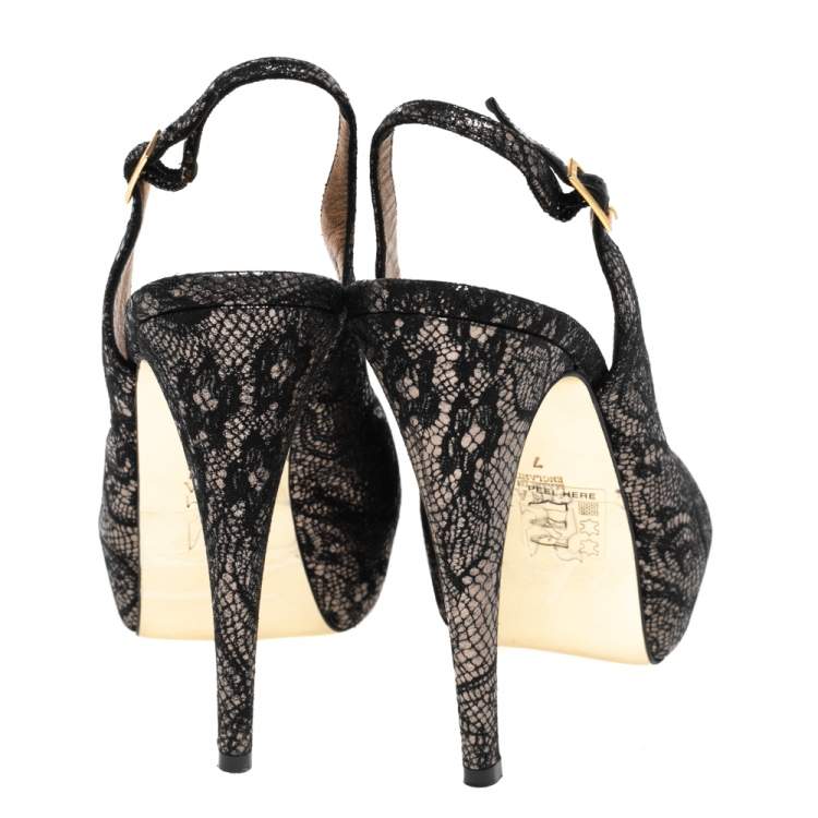 Pre Owned Gina Black Lace Peep Toe Slingback Pumps Size 40