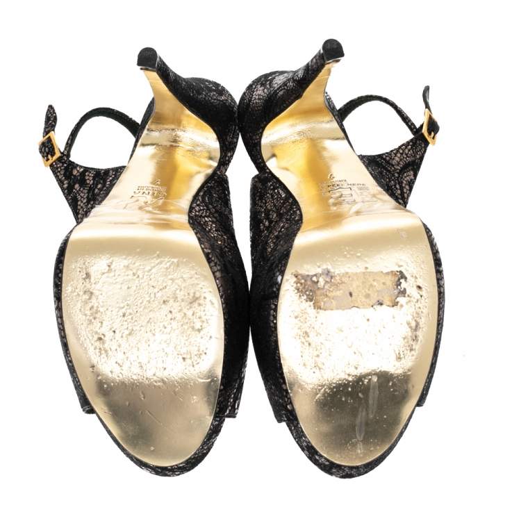Pre Owned Gina Black Lace Peep Toe Slingback Pumps Size 40