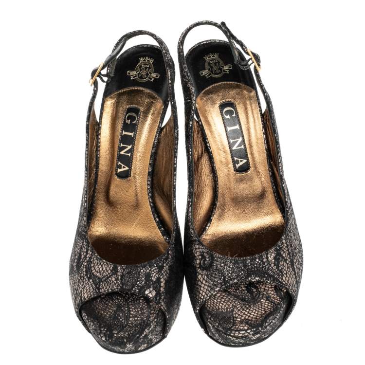 Pre Owned Gina Black Lace Peep Toe Slingback Pumps Size 40