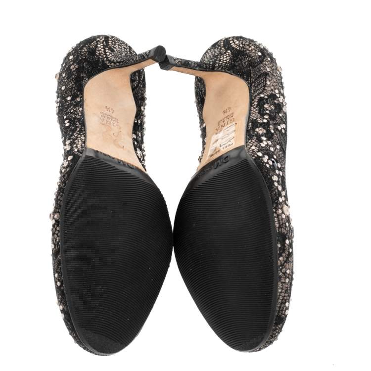 Pre Owned Gina Black Lace and Crystal Embellished Pumps Size 37.5