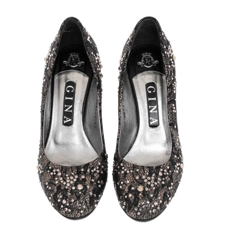 Pre Owned Gina Black Lace and Crystal Embellished Pumps Size 37.5