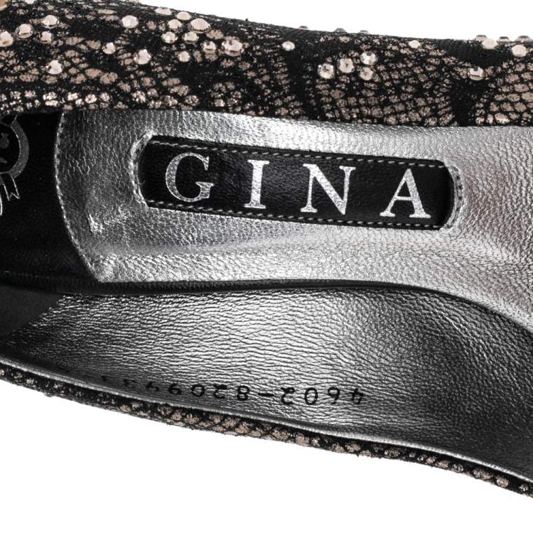 Pre Owned Gina Black Lace and Crystal Embellished Pumps Size 37.5