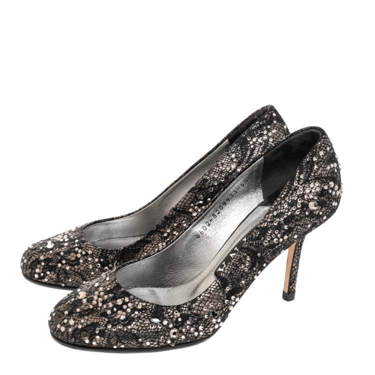 Pre Owned Gina Black Lace and Crystal Embellished Pumps Size 37.5