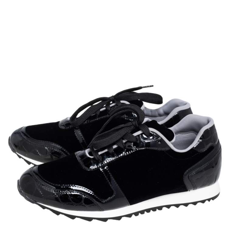 Pre Owned Gina Black Velvet and Croc Embossed Patent Leather Low Top Sneakers Size 40