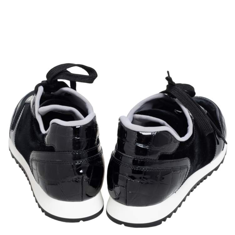 Pre Owned Gina Black Velvet and Croc Embossed Patent Leather Low Top Sneakers Size 40