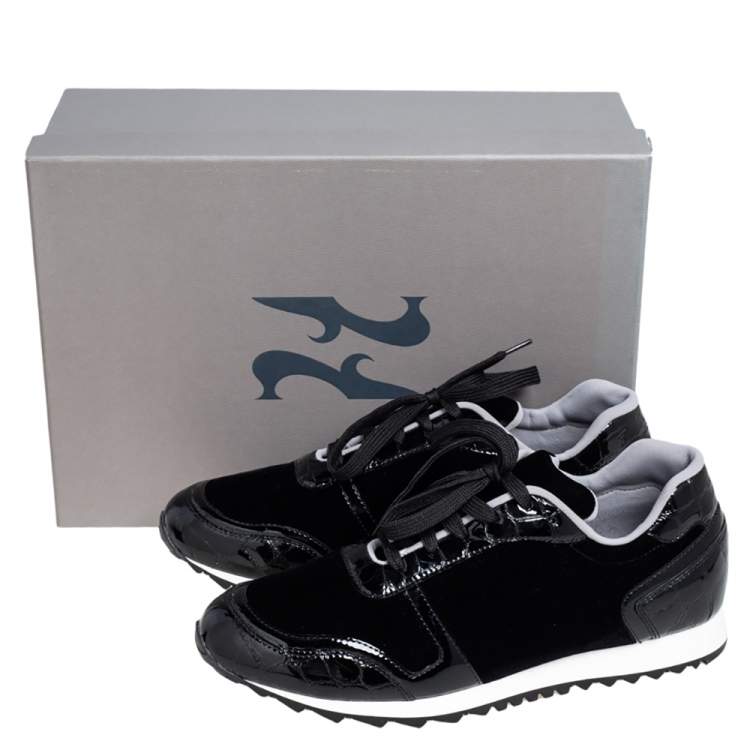 Pre Owned Gina Black Velvet and Croc Embossed Patent Leather Low Top Sneakers Size 40
