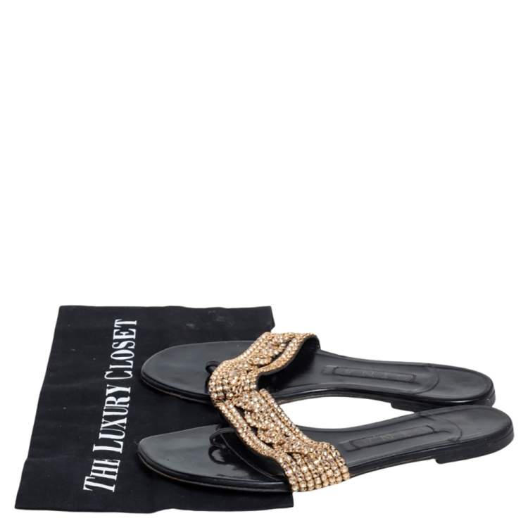 Pre Owned Gina Black Leather Crystal Embellished Thong Flat Slides Size 38.5