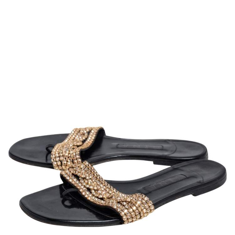 Pre Owned Gina Black Leather Crystal Embellished Thong Flat Slides Size 38.5
