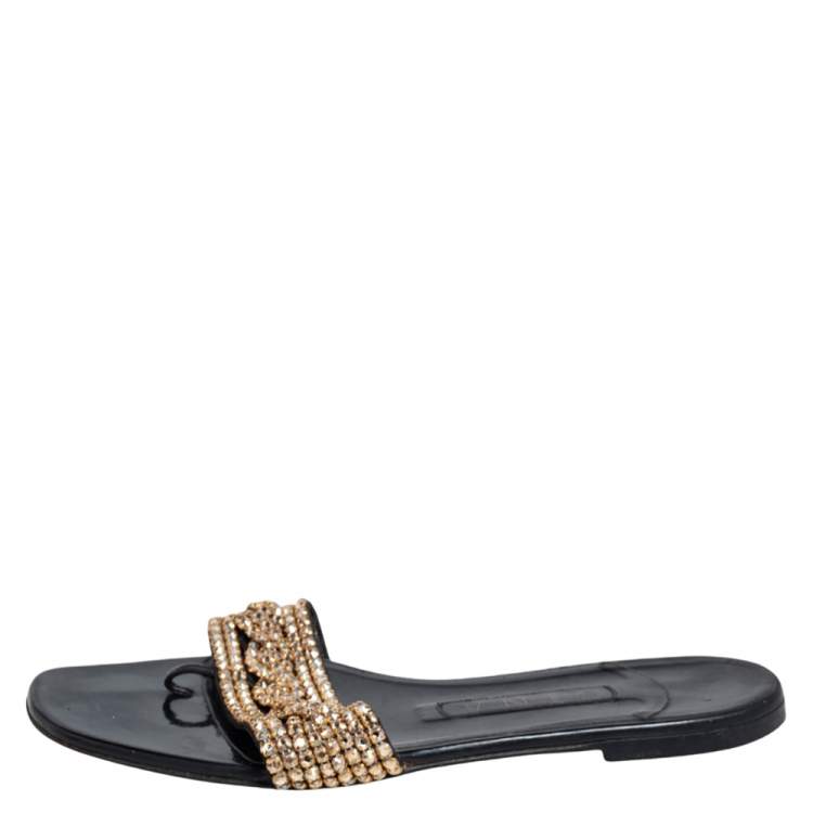 Pre Owned Gina Black Leather Crystal Embellished Thong Flat Slides Size 38.5