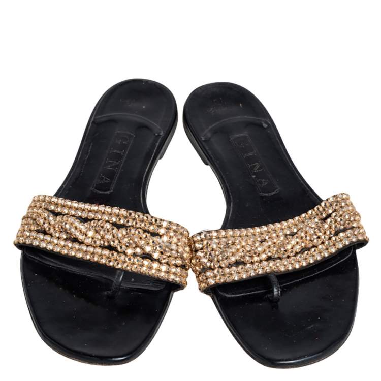 Pre Owned Gina Black Leather Crystal Embellished Thong Flat Slides Size 38.5