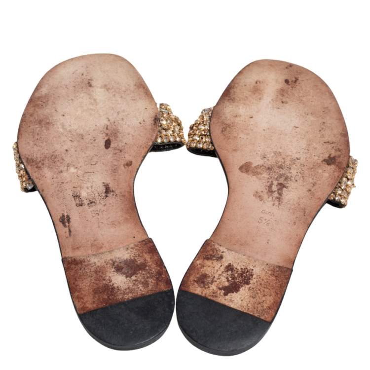 Pre Owned Gina Black Leather Crystal Embellished Thong Flat Slides Size 38.5