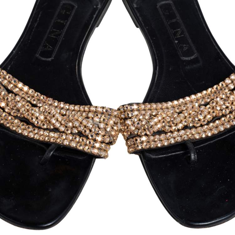 Pre Owned Gina Black Leather Crystal Embellished Thong Flat Slides Size 38.5