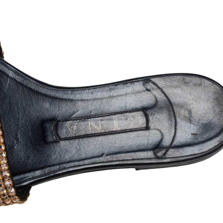 Pre Owned Gina Black Leather Crystal Embellished Thong Flat Slides Size 38.5