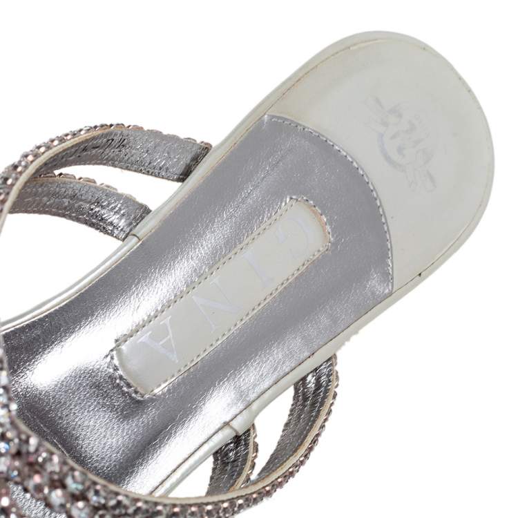 Pre Owned Gina Silver Leather Crystal Embellished Slide Sandals Size 40.5